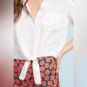 Rails White Button-Up Shirt with Pink Hearts SZ:S